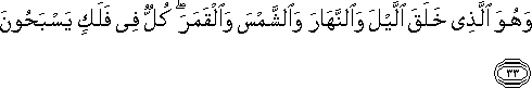 وَهُوَ الَّذِي خَلَقَ اللَّيْلَ وَالنَّهَارَ وَالشَّمْسَ وَالْقَمَرَ ۖ كُلٌّ فِي فَلَكٍ يَسْبَحُونَ