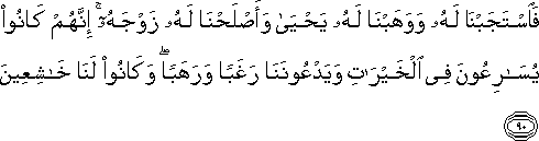 فَاسْتَجَبْنَا لَهُ وَوَهَبْنَا لَهُ يَحْيَىٰ وَأَصْلَحْنَا لَهُ زَوْجَهُ ۚ إِنَّهُمْ كَانُوا يُسَارِعُونَ فِي الْخَيْرَاتِ وَيَدْعُونَنَا رَغَبًا وَرَهَبًا ۖ وَكَانُوا لَنَا خَاشِعِينَ