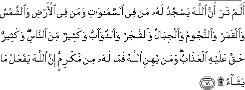 أَلَمْ تَرَ أَنَّ اللَّهَ يَسْجُدُ لَهُ مَنْ فِي السَّمَاوَاتِ وَمَنْ فِي الْأَرْضِ وَالشَّمْسُ وَالْقَمَرُ وَالنُّجُومُ وَالْجِبَالُ وَالشَّجَرُ وَالدَّوَابُّ وَكَثِيرٌ مِنَ النَّاسِ ۖ وَكَثِيرٌ حَقَّ عَلَيْهِ الْعَذَابُ ۗ وَمَنْ يُهِنِ اللَّهُ فَمَا لَهُ مِنْ مُكْرِمٍ ۚ إِنَّ اللَّهَ يَفْعَلُ مَا يَشَاءُ ۩