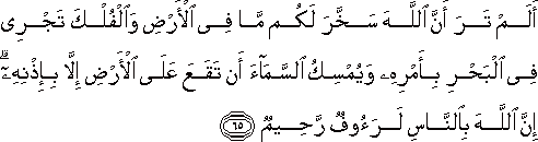 أَلَمْ تَرَ أَنَّ اللَّهَ سَخَّرَ لَكُمْ مَا فِي الْأَرْضِ وَالْفُلْكَ تَجْرِي فِي الْبَحْرِ بِأَمْرِهِ وَيُمْسِكُ السَّمَاءَ أَنْ تَقَعَ عَلَى الْأَرْضِ إِلَّا بِإِذْنِهِ ۗ إِنَّ اللَّهَ بِالنَّاسِ لَرَءُوفٌ رَحِيمٌ أَلَمْ تَرَ أَنَّ اللَّهَ سَخَّرَ لَكُمْ مَا فِي الْأَرْضِ وَالْفُلْكَ تَجْرِي فِي الْبَحْرِ بِأَمْرِهِ وَيُمْسِكُ السَّمَاءَ أَنْ تَقَعَ عَلَى الْأَرْضِ إِلَّا بِإِذْنِهِ ۗ إِنَّ اللَّهَ بِالنَّاسِ لَرَءُوفٌ رَحِيمٌ