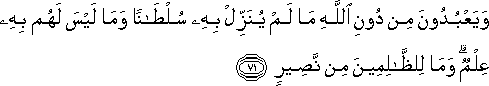 وَيَعْبُدُونَ مِنْ دُونِ اللَّهِ مَا لَمْ يُنَزِّلْ بِهِ سُلْطَانًا وَمَا لَيْسَ لَهُمْ بِهِ عِلْمٌ ۗ وَمَا لِلظَّالِمِينَ مِنْ نَصِيرٍ