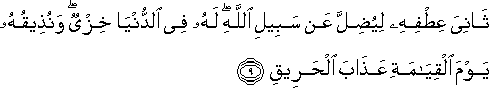 ثَانِيَ عِطْفِهِ لِيُضِلَّ عَنْ سَبِيلِ اللَّهِ ۖ لَهُ فِي الدُّنْيَا خِزْيٌ ۖ وَنُذِيقُهُ يَوْمَ الْقِيَامَةِ عَذَابَ الْحَرِيقِ