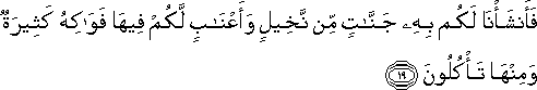 فَأَنْشَأْنَا لَكُمْ بِهِ جَنَّاتٍ مِنْ نَخِيلٍ وَأَعْنَابٍ لَكُمْ فِيهَا فَوَاكِهُ كَثِيرَةٌ وَمِنْهَا تَأْكُلُونَ