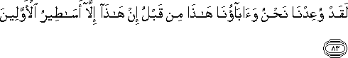 لَقَدْ وُعِدْنَا نَحْنُ وَآبَاؤُنَا هَٰذَا مِنْ قَبْلُ إِنْ هَٰذَا إِلَّا أَسَاطِيرُ الْأَوَّلِينَ