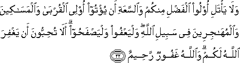 وَلَا يَأْتَلِ أُولُو الْفَضْلِ مِنْكُمْ وَالسَّعَةِ أَنْ يُؤْتُوا أُولِي الْقُرْبَىٰ وَالْمَسَاكِينَ وَالْمُهَاجِرِينَ فِي سَبِيلِ اللَّهِ ۖ وَلْيَعْفُوا وَلْيَصْفَحُوا ۗ أَلَا تُحِبُّونَ أَنْ يَغْفِرَ اللَّهُ لَكُمْ ۗ وَاللَّهُ غَفُورٌ رَحِيمٌ