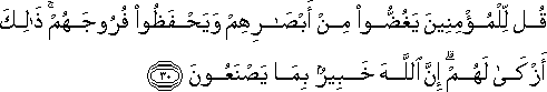 قُلْ لِلْمُؤْمِنِينَ يَغُضُّوا مِنْ أَبْصَارِهِمْ وَيَحْفَظُوا فُرُوجَهُمْ ۚ ذَٰلِكَ أَزْكَىٰ لَهُمْ ۗ إِنَّ اللَّهَ خَبِيرٌ بِمَا يَصْنَعُونَ