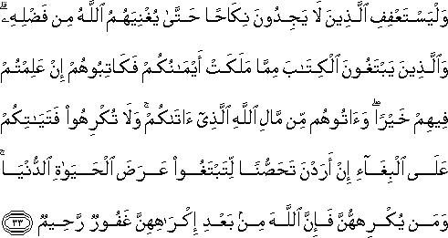 وَلْيَسْتَعْفِفِ الَّذِينَ لَا يَجِدُونَ نِكَاحًا حَتَّىٰ يُغْنِيَهُمُ اللَّهُ مِنْ فَضْلِهِ ۗ وَالَّذِينَ يَبْتَغُونَ الْكِتَابَ مِمَّا مَلَكَتْ أَيْمَانُكُمْ فَكَاتِبُوهُمْ إِنْ عَلِمْتُمْ فِيهِمْ خَيْرًا ۖ وَآتُوهُمْ مِنْ مَالِ اللَّهِ الَّذِي آتَاكُمْ ۚ وَلَا تُكْرِهُوا فَتَيَاتِكُمْ عَلَى الْبِغَاءِ إِنْ أَرَدْنَ تَحَصُّنًا لِتَبْتَغُوا عَرَضَ الْحَيَاةِ الدُّنْيَا ۚ وَمَنْ يُكْرِهْهُنَّ فَإِنَّ اللَّهَ مِنْ بَعْدِ إِكْرَاهِهِنَّ غَفُورٌ رَحِيمٌ