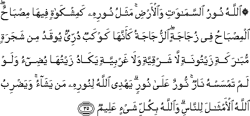 اللَّهُ نُورُ السَّمَاوَاتِ وَالْأَرْضِ ۚ مَثَلُ نُورِهِ كَمِشْكَاةٍ فِيهَا مِصْبَاحٌ ۖ الْمِصْبَاحُ فِي زُجَاجَةٍ ۖ الزُّجَاجَةُ كَأَنَّهَا كَوْكَبٌ دُرِّيٌّ يُوقَدُ مِنْ شَجَرَةٍ مُبَارَكَةٍ زَيْتُونَةٍ لَا شَرْقِيَّةٍ وَلَا غَرْبِيَّةٍ يَكَادُ زَيْتُهَا يُضِيءُ وَلَوْ لَمْ تَمْسَسْهُ نَارٌ ۚ نُورٌ عَلَىٰ نُورٍ ۗ يَهْدِي اللَّهُ لِنُورِهِ مَنْ يَشَاءُ ۚ وَيَضْرِبُ اللَّهُ الْأَمْثَالَ لِلنَّاسِ ۗ وَاللَّهُ بِكُلِّ شَيْءٍ عَلِيمٌ