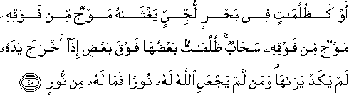 أَوْ كَظُلُمَاتٍ فِي بَحْرٍ لُجِّيٍّ يَغْشَاهُ مَوْجٌ مِنْ فَوْقِهِ مَوْجٌ مِنْ فَوْقِهِ سَحَابٌ ۚ ظُلُمَاتٌ بَعْضُهَا فَوْقَ بَعْضٍ إِذَا أَخْرَجَ يَدَهُ لَمْ يَكَدْ يَرَاهَا ۗ وَمَنْ لَمْ يَجْعَلِ اللَّهُ لَهُ نُورًا فَمَا لَهُ مِنْ نُورٍ