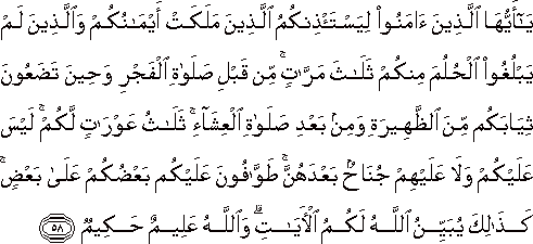 يَا أَيُّهَا الَّذِينَ آمَنُوا لِيَسْتَأْذِنْكُمُ الَّذِينَ مَلَكَتْ أَيْمَانُكُمْ وَالَّذِينَ لَمْ يَبْلُغُوا الْحُلُمَ مِنْكُمْ ثَلَاثَ مَرَّاتٍ ۚ مِنْ قَبْلِ صَلَاةِ الْفَجْرِ وَحِينَ تَضَعُونَ ثِيَابَكُمْ مِنَ الظَّهِيرَةِ وَمِنْ بَعْدِ صَلَاةِ الْعِشَاءِ ۚ ثَلَاثُ عَوْرَاتٍ لَكُمْ ۚ لَيْسَ عَلَيْكُمْ وَلَا عَلَيْهِمْ جُنَاحٌ بَعْدَهُنَّ ۚ طَوَّافُونَ عَلَيْكُمْ بَعْضُكُمْ عَلَىٰ بَعْضٍ ۚ كَذَٰلِكَ يُبَيِّنُ اللَّهُ لَكُمُ الْآيَاتِ ۗ وَاللَّهُ عَلِيمٌ حَكِيمٌ