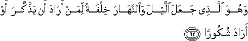 وَهُوَ الَّذِي جَعَلَ اللَّيْلَ وَالنَّهَارَ خِلْفَةً لِمَنْ أَرَادَ أَنْ يَذَّكَّرَ أَوْ أَرَادَ شُكُورًا