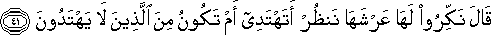 قَالَ نَكِّرُوا لَهَا عَرْشَهَا نَنْظُرْ أَتَهْتَدِي أَمْ تَكُونُ مِنَ الَّذِينَ لَا يَهْتَدُونَ