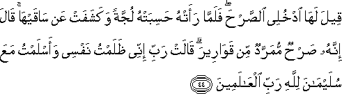 قِيلَ لَهَا ادْخُلِي الصَّرْحَ ۖ فَلَمَّا رَأَتْهُ حَسِبَتْهُ لُجَّةً وَكَشَفَتْ عَنْ سَاقَيْهَا ۚ قَالَ إِنَّهُ صَرْحٌ مُمَرَّدٌ مِنْ قَوَارِيرَ ۗ قَالَتْ رَبِّ إِنِّي ظَلَمْتُ نَفْسِي وَأَسْلَمْتُ مَعَ سُلَيْمَانَ لِلَّهِ رَبِّ الْعَالَمِينَ