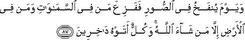 وَيَوْمَ يُنْفَخُ فِي الصُّورِ فَفَزِعَ مَنْ فِي السَّمَاوَاتِ وَمَنْ فِي الْأَرْضِ إِلَّا مَنْ شَاءَ اللَّهُ ۚ وَكُلٌّ أَتَوْهُ دَاخِرِينَ