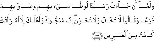 وَلَمَّا أَنْ جَاءَتْ رُسُلُنَا لُوطًا سِيءَ بِهِمْ وَضَاقَ بِهِمْ ذَرْعًا وَقَالُوا لَا تَخَفْ وَلَا تَحْزَنْ ۖ إِنَّا مُنَجُّوكَ وَأَهْلَكَ إِلَّا امْرَأَتَكَ كَانَتْ مِنَ الْغَابِرِينَ