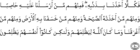 فَكُلًّا أَخَذْنَا بِذَنْبِهِ ۖ فَمِنْهُمْ مَنْ أَرْسَلْنَا عَلَيْهِ حَاصِبًا وَمِنْهُمْ مَنْ أَخَذَتْهُ الصَّيْحَةُ وَمِنْهُمْ مَنْ خَسَفْنَا بِهِ الْأَرْضَ وَمِنْهُمْ مَنْ أَغْرَقْنَا ۚ وَمَا كَانَ اللَّهُ لِيَظْلِمَهُمْ وَلَٰكِنْ كَانُوا أَنْفُسَهُمْ يَظْلِمُونَ