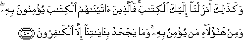 وَكَذَٰلِكَ أَنْزَلْنَا إِلَيْكَ الْكِتَابَ ۚ فَالَّذِينَ آتَيْنَاهُمُ الْكِتَابَ يُؤْمِنُونَ بِهِ ۖ وَمِنْ هَٰؤُلَاءِ مَنْ يُؤْمِنُ بِهِ ۚ وَمَا يَجْحَدُ بِآيَاتِنَا إِلَّا الْكَافِرُونَ