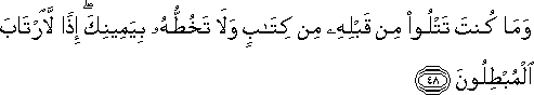 وَمَا كُنْتَ تَتْلُو مِنْ قَبْلِهِ مِنْ كِتَابٍ وَلَا تَخُطُّهُ بِيَمِينِكَ ۖ إِذًا لَارْتَابَ الْمُبْطِلُونَ