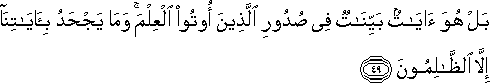 بَلْ هُوَ آيَاتٌ بَيِّنَاتٌ فِي صُدُورِ الَّذِينَ أُوتُوا الْعِلْمَ ۚ وَمَا يَجْحَدُ بِآيَاتِنَا إِلَّا الظَّالِمُونَ