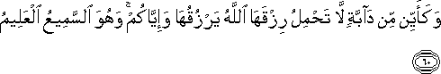 وَكَأَيِّنْ مِنْ دَابَّةٍ لَا تَحْمِلُ رِزْقَهَا اللَّهُ يَرْزُقُهَا وَإِيَّاكُمْ ۚ وَهُوَ السَّمِيعُ الْعَلِيمُ