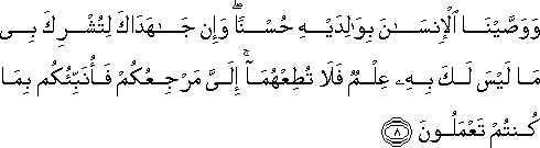 وَوَصَّيْنَا الْإِنْسَانَ بِوَالِدَيْهِ حُسْنًا ۖ وَإِنْ جَاهَدَاكَ لِتُشْرِكَ بِي مَا لَيْسَ لَكَ بِهِ عِلْمٌ فَلَا تُطِعْهُمَا ۚ إِلَيَّ مَرْجِعُكُمْ فَأُنَبِّئُكُمْ بِمَا كُنْتُمْ تَعْمَلُونَ