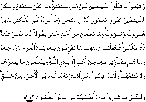 وَاتَّبَعُوا مَا تَتْلُو الشَّيَاطِينُ عَلَىٰ مُلْكِ سُلَيْمَانَ ۖ وَمَا كَفَرَ سُلَيْمَانُ وَلَٰكِنَّ الشَّيَاطِينَ كَفَرُوا يُعَلِّمُونَ النَّاسَ السِّحْرَ وَمَا أُنْزِلَ عَلَى الْمَلَكَيْنِ بِبَابِلَ هَارُوتَ وَمَارُوتَ ۚ وَمَا يُعَلِّمَانِ مِنْ أَحَدٍ حَتَّىٰ يَقُولَا إِنَّمَا نَحْنُ فِتْنَةٌ فَلَا تَكْفُرْ ۖ فَيَتَعَلَّمُونَ مِنْهُمَا مَا يُفَرِّقُونَ بِهِ بَيْنَ الْمَرْءِ وَزَوْجِهِ ۚ وَمَا هُمْ بِضَارِّينَ بِهِ مِنْ أَحَدٍ إِلَّا بِإِذْنِ اللَّهِ ۚ وَيَتَعَلَّمُونَ مَا يَضُرُّهُمْ وَلَا يَنْفَعُهُمْ ۚ وَلَقَدْ عَلِمُوا لَمَنِ اشْتَرَاهُ مَا لَهُ فِي الْآخِرَةِ مِنْ خَلَاقٍ ۚ وَلَبِئْسَ مَا شَرَوْا بِهِ أَنْفُسَهُمْ ۚ لَوْ كَانُوا يَعْلَمُونَ