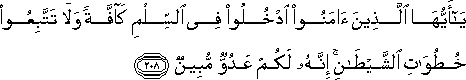 يَا أَيُّهَا الَّذِينَ آمَنُوا ادْخُلُوا فِي السِّلْمِ كَافَّةً وَلَا تَتَّبِعُوا خُطُوَاتِ الشَّيْطَانِ ۚ إِنَّهُ لَكُمْ عَدُوٌّ مُبِينٌ