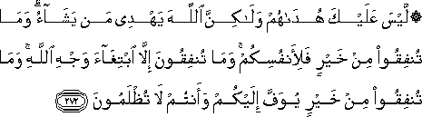 لَيْسَ عَلَيْكَ هُدَاهُمْ وَلَٰكِنَّ اللَّهَ يَهْدِي مَنْ يَشَاءُ ۗ وَمَا تُنْفِقُوا مِنْ خَيْرٍ فَلِأَنْفُسِكُمْ ۚ وَمَا تُنْفِقُونَ إِلَّا ابْتِغَاءَ وَجْهِ اللَّهِ ۚ وَمَا تُنْفِقُوا مِنْ خَيْرٍ يُوَفَّ إِلَيْكُمْ وَأَنْتُمْ لَا تُظْلَمُونَ