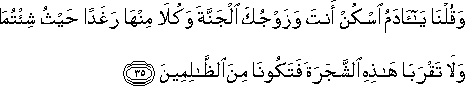 وَقُلْنَا يَا آدَمُ اسْكُنْ أَنْتَ وَزَوْجُكَ الْجَنَّةَ وَكُلَا مِنْهَا رَغَدًا حَيْثُ شِئْتُمَا وَلَا تَقْرَبَا هَٰذِهِ الشَّجَرَةَ فَتَكُونَا مِنَ الظَّالِمِينَ