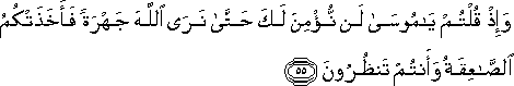 وَإِذْ قُلْتُمْ يَا مُوسَىٰ لَنْ نُؤْمِنَ لَكَ حَتَّىٰ نَرَى اللَّهَ جَهْرَةً فَأَخَذَتْكُمُ الصَّاعِقَةُ وَأَنْتُمْ تَنْظُرُونَ