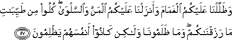 وَظَلَّلْنَا عَلَيْكُمُ الْغَمَامَ وَأَنْزَلْنَا عَلَيْكُمُ الْمَنَّ وَالسَّلْوَىٰ ۖ كُلُوا مِنْ طَيِّبَاتِ مَا رَزَقْنَاكُمْ ۖ وَمَا ظَلَمُونَا وَلَٰكِنْ كَانُوا أَنْفُسَهُمْ يَظْلِمُونَ