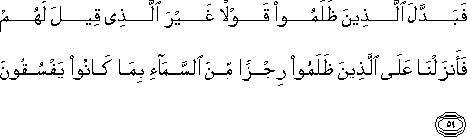 فَبَدَّلَ الَّذِينَ ظَلَمُوا قَوْلًا غَيْرَ الَّذِي قِيلَ لَهُمْ فَأَنْزَلْنَا عَلَى الَّذِينَ ظَلَمُوا رِجْزًا مِنَ السَّمَاءِ بِمَا كَانُوا يَفْسُقُونَ