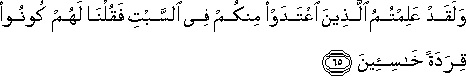 وَلَقَدْ عَلِمْتُمُ الَّذِينَ اعْتَدَوْا مِنْكُمْ فِي السَّبْتِ فَقُلْنَا لَهُمْ كُونُوا قِرَدَةً خَاسِئِينَ