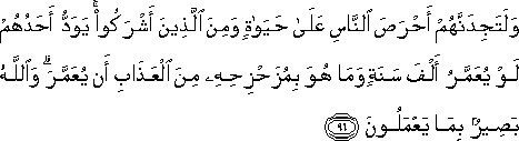 وَلَتَجِدَنَّهُمْ أَحْرَصَ النَّاسِ عَلَىٰ حَيَاةٍ وَمِنَ الَّذِينَ أَشْرَكُوا ۚ يَوَدُّ أَحَدُهُمْ لَوْ يُعَمَّرُ أَلْفَ سَنَةٍ وَمَا هُوَ بِمُزَحْزِحِهِ مِنَ الْعَذَابِ أَنْ يُعَمَّرَ ۗ وَاللَّهُ بَصِيرٌ بِمَا يَعْمَلُونَ