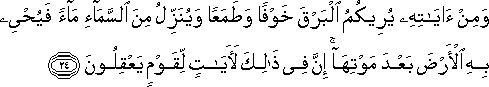 وَمِنْ آيَاتِهِ يُرِيكُمُ الْبَرْقَ خَوْفًا وَطَمَعًا وَيُنَزِّلُ مِنَ السَّمَاءِ مَاءً فَيُحْيِي بِهِ الْأَرْضَ بَعْدَ مَوْتِهَا ۚ إِنَّ فِي ذَٰلِكَ لَآيَاتٍ لِقَوْمٍ يَعْقِلُونَ