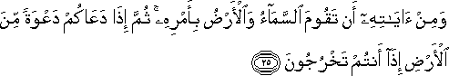 وَمِنْ آيَاتِهِ أَنْ تَقُومَ السَّمَاءُ وَالْأَرْضُ بِأَمْرِهِ ۚ ثُمَّ إِذَا دَعَاكُمْ دَعْوَةً مِنَ الْأَرْضِ إِذَا أَنْتُمْ تَخْرُجُونَ