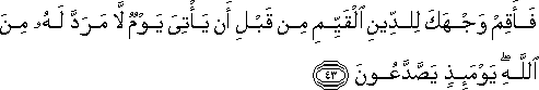 فَأَقِمْ وَجْهَكَ لِلدِّينِ الْقَيِّمِ مِنْ قَبْلِ أَنْ يَأْتِيَ يَوْمٌ لَا مَرَدَّ لَهُ مِنَ اللَّهِ ۖ يَوْمَئِذٍ يَصَّدَّعُونَ