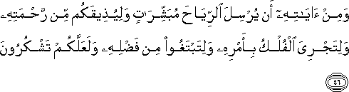 وَمِنْ آيَاتِهِ أَنْ يُرْسِلَ الرِّيَاحَ مُبَشِّرَاتٍ وَلِيُذِيقَكُمْ مِنْ رَحْمَتِهِ وَلِتَجْرِيَ الْفُلْكُ بِأَمْرِهِ وَلِتَبْتَغُوا مِنْ فَضْلِهِ وَلَعَلَّكُمْ تَشْكُرُونَ