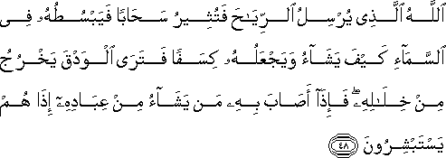 اللَّهُ الَّذِي يُرْسِلُ الرِّيَاحَ فَتُثِيرُ سَحَابًا فَيَبْسُطُهُ فِي السَّمَاءِ كَيْفَ يَشَاءُ وَيَجْعَلُهُ كِسَفًا فَتَرَى الْوَدْقَ يَخْرُجُ مِنْ خِلَالِهِ ۖ فَإِذَا أَصَابَ بِهِ مَنْ يَشَاءُ مِنْ عِبَادِهِ إِذَا هُمْ يَسْتَبْشِرُونَ