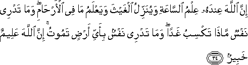 إِنَّ اللَّهَ عِنْدَهُ عِلْمُ السَّاعَةِ وَيُنَزِّلُ الْغَيْثَ وَيَعْلَمُ مَا فِي الْأَرْحَامِ ۖ وَمَا تَدْرِي نَفْسٌ مَاذَا تَكْسِبُ غَدًا ۖ وَمَا تَدْرِي نَفْسٌ بِأَيِّ أَرْضٍ تَمُوتُ ۚ إِنَّ اللَّهَ عَلِيمٌ خَبِيرٌ