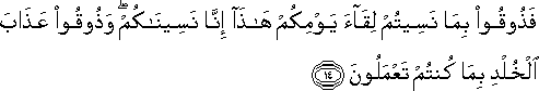 فَذُوقُوا بِمَا نَسِيتُمْ لِقَاءَ يَوْمِكُمْ هَٰذَا إِنَّا نَسِينَاكُمْ ۖ وَذُوقُوا عَذَابَ الْخُلْدِ بِمَا كُنْتُمْ تَعْمَلُونَ