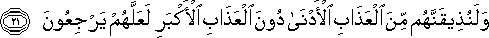 وَلَنُذِيقَنَّهُمْ مِنَ الْعَذَابِ الْأَدْنَىٰ دُونَ الْعَذَابِ الْأَكْبَرِ لَعَلَّهُمْ يَرْجِعُونَ