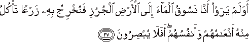 أَوَلَمْ يَرَوْا أَنَّا نَسُوقُ الْمَاءَ إِلَى الْأَرْضِ الْجُرُزِ فَنُخْرِجُ بِهِ زَرْعًا تَأْكُلُ مِنْهُ أَنْعَامُهُمْ وَأَنْفُسُهُمْ ۖ أَفَلَا يُبْصِرُونَ