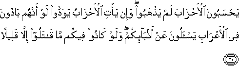 يَحْسَبُونَ الْأَحْزَابَ لَمْ يَذْهَبُوا ۖ وَإِنْ يَأْتِ الْأَحْزَابُ يَوَدُّوا لَوْ أَنَّهُمْ بَادُونَ فِي الْأَعْرَابِ يَسْأَلُونَ عَنْ أَنْبَائِكُمْ ۖ وَلَوْ كَانُوا فِيكُمْ مَا قَاتَلُوا إِلَّا قَلِيلًا