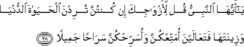 يَا أَيُّهَا النَّبِيُّ قُلْ لِأَزْوَاجِكَ إِنْ كُنْتُنَّ تُرِدْنَ الْحَيَاةَ الدُّنْيَا وَزِينَتَهَا فَتَعَالَيْنَ أُمَتِّعْكُنَّ وَأُسَرِّحْكُنَّ سَرَاحًا جَمِيلًا