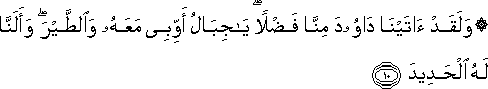 وَلَقَدْ آتَيْنَا دَاوُودَ مِنَّا فَضْلًا ۖ يَا جِبَالُ أَوِّبِي مَعَهُ وَالطَّيْرَ ۖ وَأَلَنَّا لَهُ الْحَدِيدَ