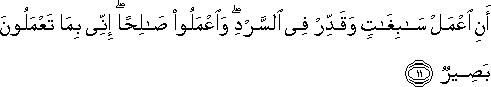 أَنِ اعْمَلْ سَابِغَاتٍ وَقَدِّرْ فِي السَّرْدِ ۖ وَاعْمَلُوا صَالِحًا ۖ إِنِّي بِمَا تَعْمَلُونَ بَصِيرٌ