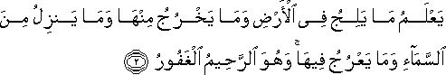 يَعْلَمُ مَا يَلِجُ فِي الْأَرْضِ وَمَا يَخْرُجُ مِنْهَا وَمَا يَنْزِلُ مِنَ السَّمَاءِ وَمَا يَعْرُجُ فِيهَا ۚ وَهُوَ الرَّحِيمُ الْغَفُورُ