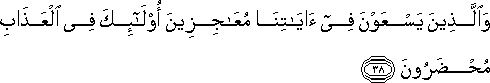 وَالَّذِينَ يَسْعَوْنَ فِي آيَاتِنَا مُعَاجِزِينَ أُولَٰئِكَ فِي الْعَذَابِ مُحْضَرُونَ