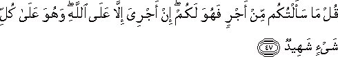 قُلْ مَا سَأَلْتُكُمْ مِنْ أَجْرٍ فَهُوَ لَكُمْ ۖ إِنْ أَجْرِيَ إِلَّا عَلَى اللَّهِ ۖ وَهُوَ عَلَىٰ كُلِّ شَيْءٍ شَهِيدٌ